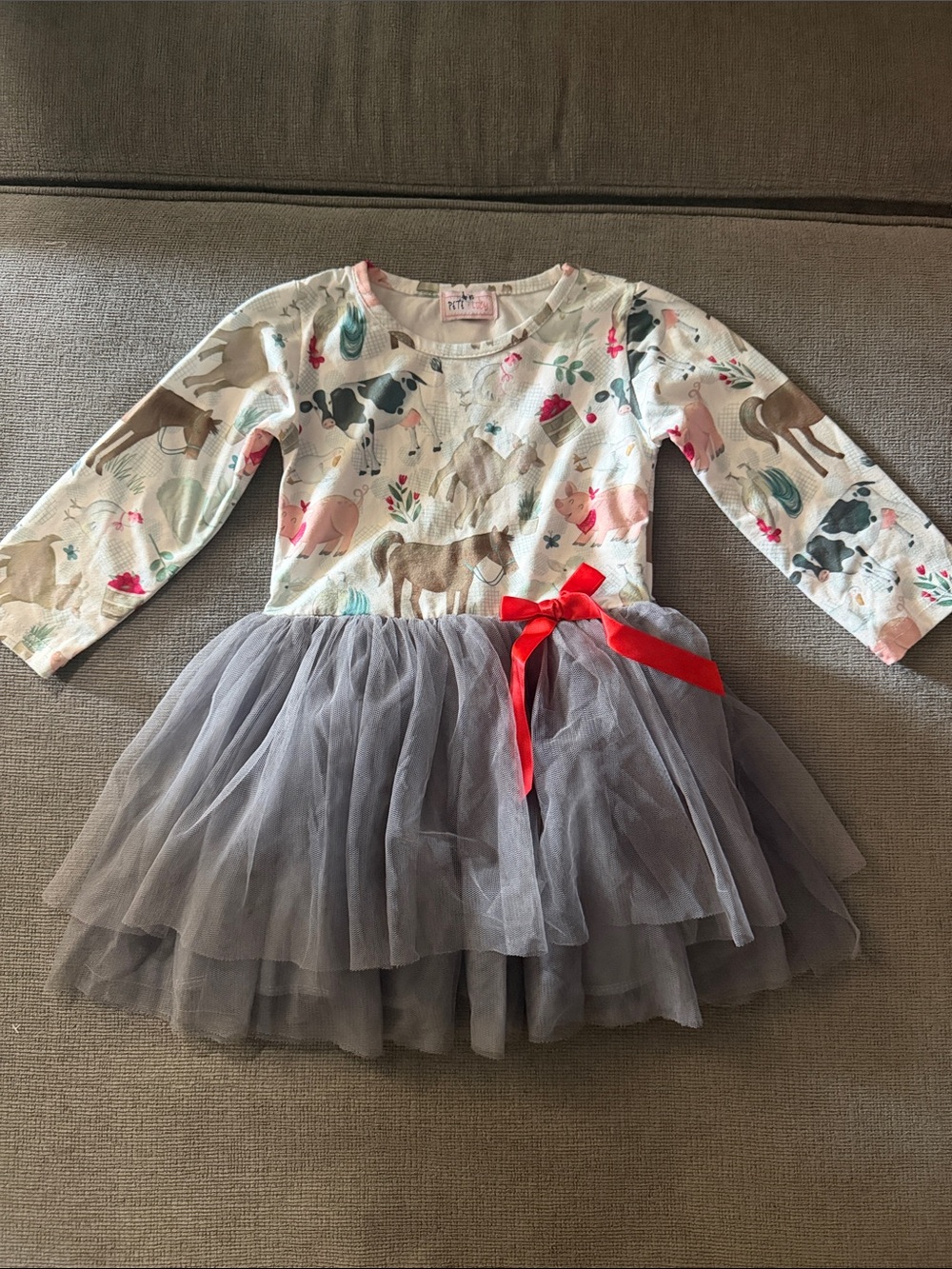 Girls' Gray Tulle Dress with Red Bow and Animal Print Top